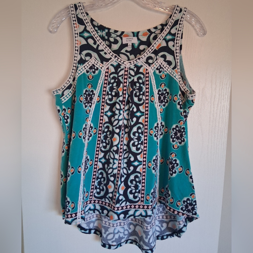 Crown & Ivy- Teal and Black Patterned  Boho Tank Top. Size M